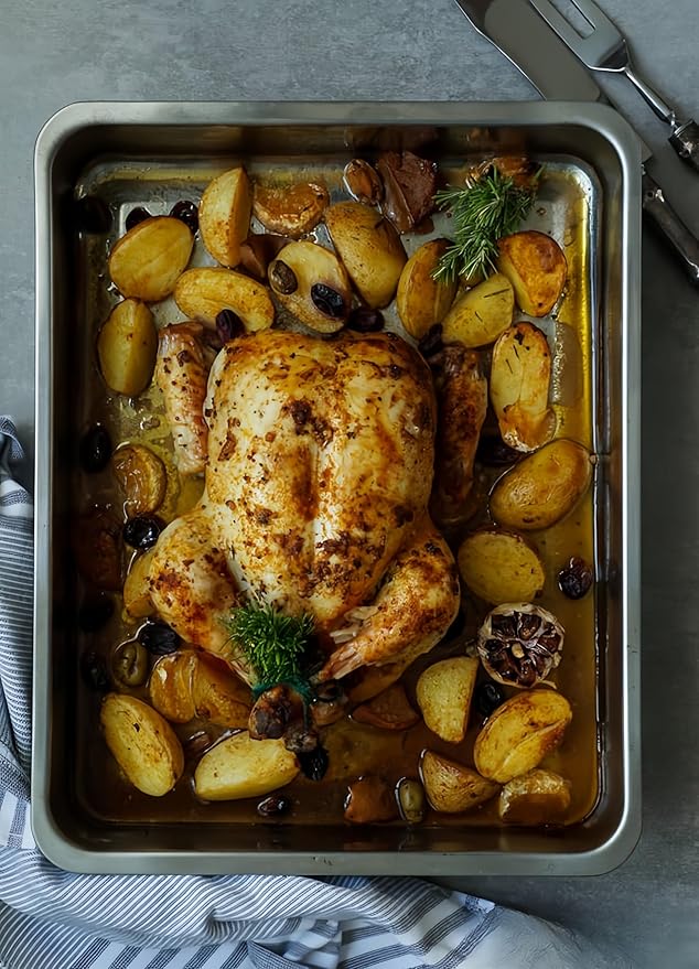 Roasting Pan Heavy Duty Stainless steel Turkey Pans for Oven,Toaster Oven Tray Pans with cooling rack,Hotel Pan, Barbeque Grill Pan,Deep Edge,Mirror treatment, Dishwasher Safe (19.5"x13.6"x2.8")