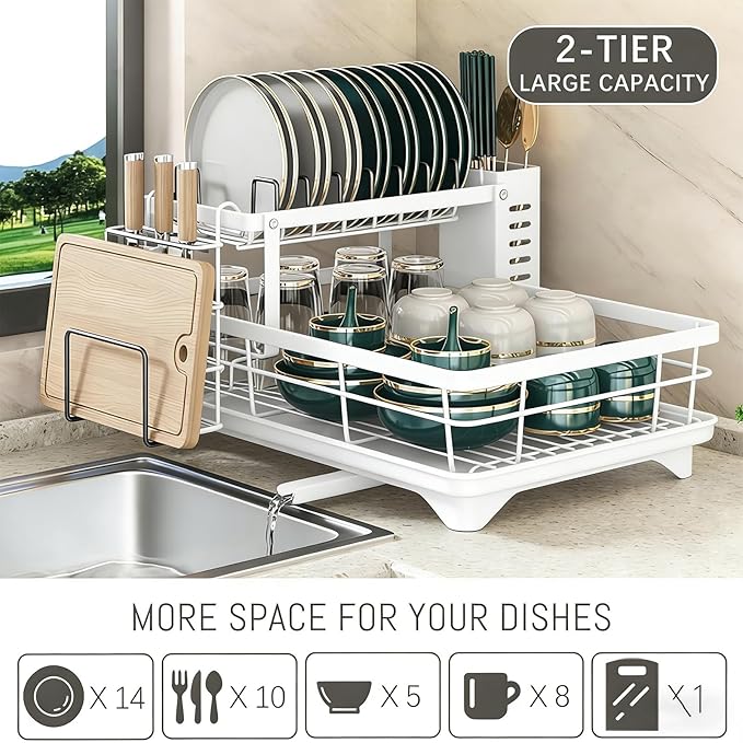 BCWW Drying Rack Dishes Stainless Steel Large Capacity 2-Tier Drying Rack Kitchen Counter Organizer with Cup Holder, Utensil & Cutting Board Storage, Space Saving (White)