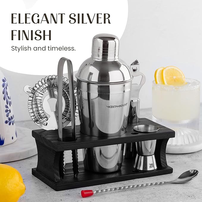 Modern Mixology Cocktail Shaker Set - Bartender Kit with Pine Stand | Leak-Proof Design | Includes Martini Shaker, Jigger, Strainer, Spoon, Tongs | Perfect Bar Tools Gift for Home Mixology (Silver)