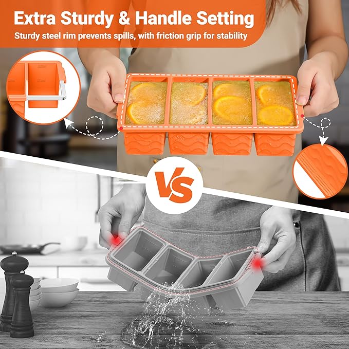 Silicone Freezer Molds for Soup with Lid, 1-Cup & 2-Cup Large Ice Cube Trays Food Storage Containers for Meal Prep, Freeze 500mL/250mL/125mL Portions – 2 Pack