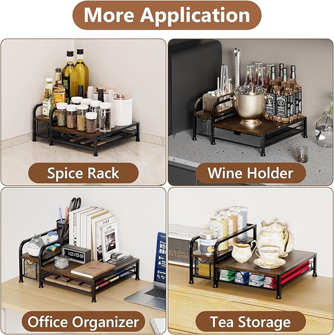Coffee Bar Organizer with Pod Holder Drawer, 4 Syrup Bottle 40 Pods Capacity for Nespresso, Coffee Station Organizer for Most Single-Serve Brewers, Countertop K Cup Holder for Kitchen Cafe Office