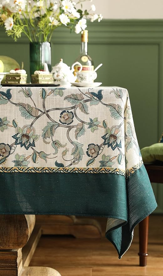 patdrea Designer Green Small Linen Table Cloth for Rectangle Table,Vintage Floral Pattern Durable Extra Long Tablecloth,French Decor for Kitchen Dining,Christmas,Thanksgiving,Party,67"x118"-Noah