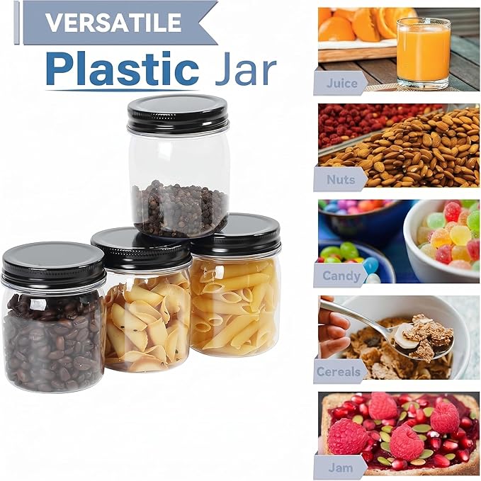 novelinks 8 oz Clear Plastic Jars with Airtight Lids, 32 Pack Plastic Mason Jars with Lids 8oz, Refillable Storage Slime Containers & Small Spice Jar for Kitchen Organization (32 Pack,Black)