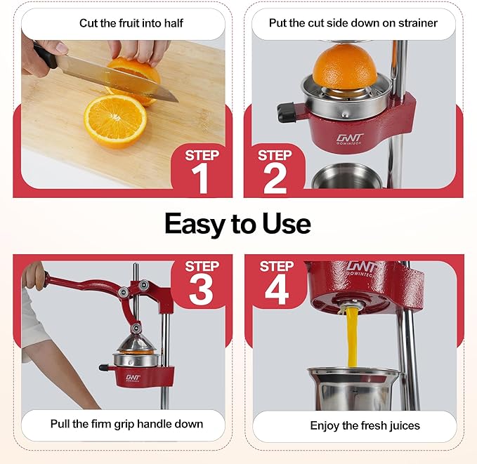 18 Inch Height Commercial Heavy Duty Cast Iron Hand Press Manual Orange Citrus Lemon Lime Grapefruit Pomegranate Fruit Juice Squeezer Machine with Stainless Steel Cup and Durable Base Red