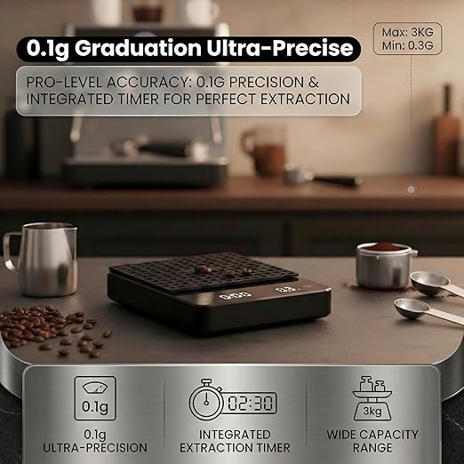 Coffee Scale with Timer 3kg/0.1g High Precision Digital Espresso Scale for Pour Over and Drip Coffee Large Gram Scale for Kitchen Baking and Jewelry with Rechargeable Battery and Silicone Mat
