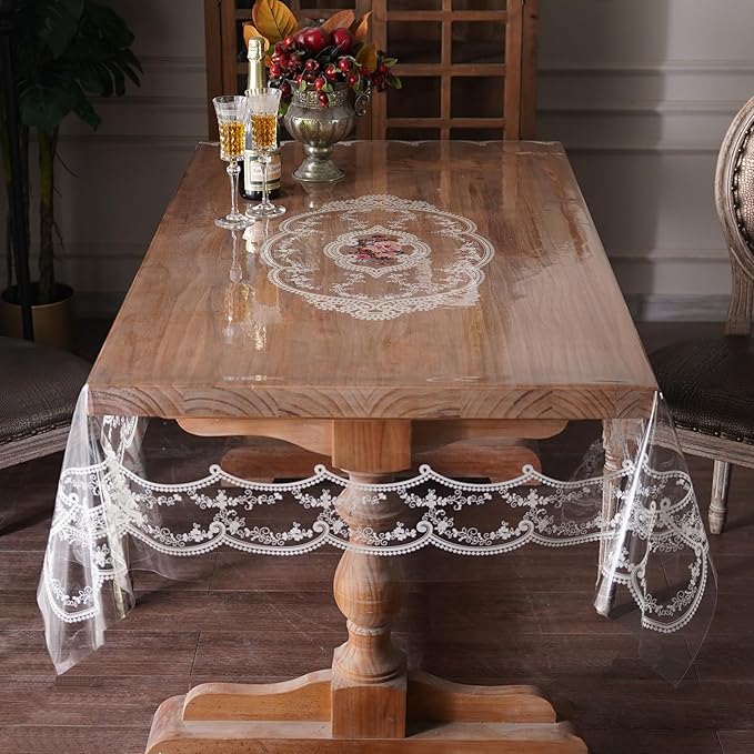 Clear Table Cover Protector Plastic Vinyl Table Cloth with White Lace Pattern Oil Spill Proof Plastic Tablecloths for Dining Tables Parties Holidays (French Lace, 60 x 84 Inches)