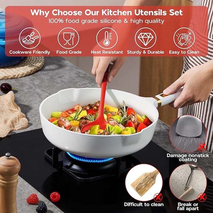 Onader Silicone Cooking Utensils Set, Red Kitchen Utensils 6 Pcs Set, Heat Resistant Kitchen Tool Kit, Nonstick Cookware Friendly & Non Toxic
