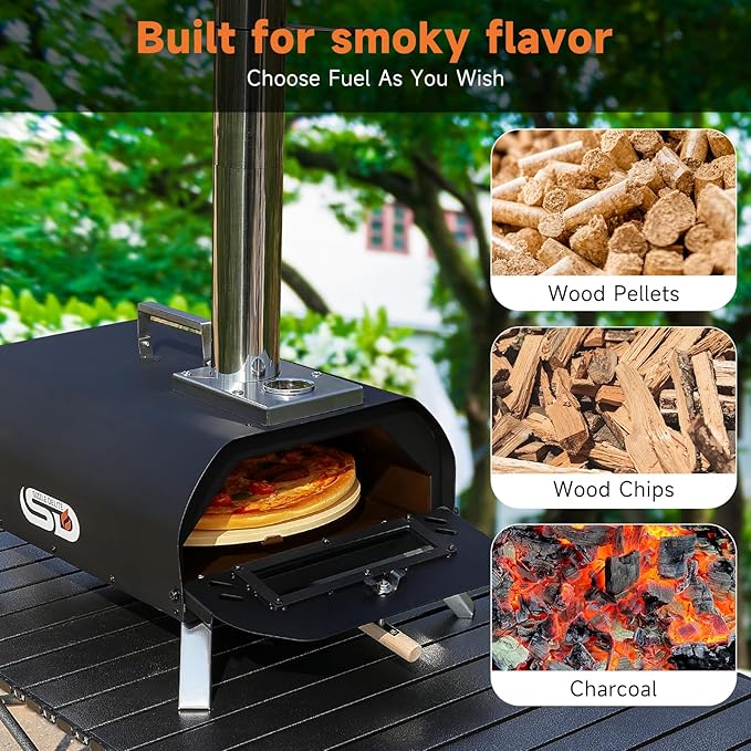 SizzleDelite Outdoor Pizza Oven Wood Pellet 12" Round Pizza Stone, Portable Wood Fired with Built-in Thermometer Pizza Stove, Stainless Steel Pizza Maker for Outside, Backyard, Camping - Black