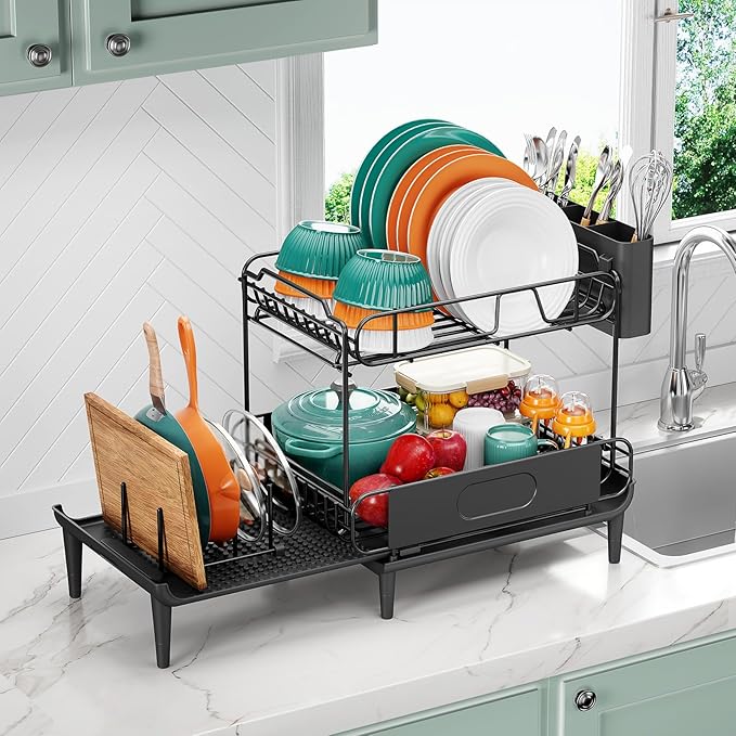 Urackify Dish Drying Rack for Kitchen Counter, Expandable 2 Tier Dish Rack, Large Capacity Dish Drainer with Drainboard Multifunctional Dish Strainer with Removable Cutlery Holder Black