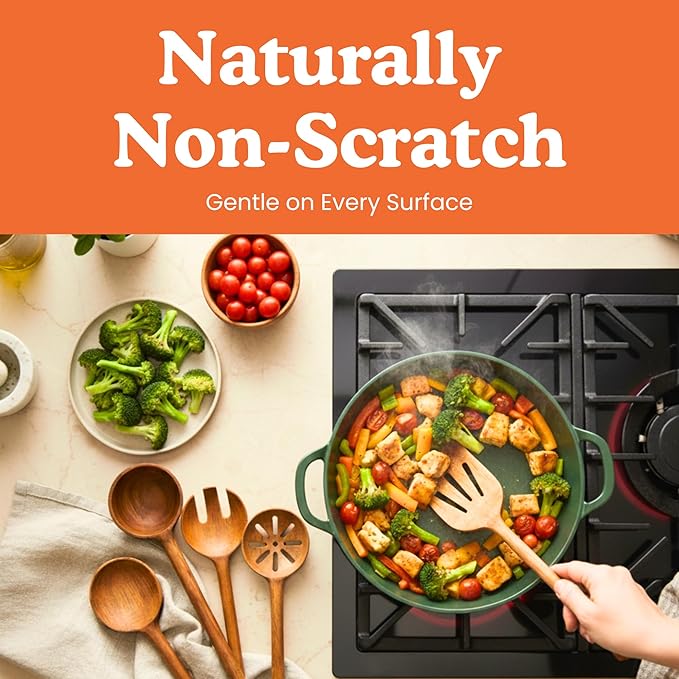 Non-Toxic Cooking Utensils – 6-Piece Kitchen Utensils Set, Glue-Free & One-Piece Wooden Spoons for Cooking, Natural Wooden Utensil Set with Plant-Based Finish, Free of Forever Chemicals