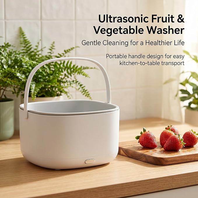 Ultrasonic Produce and Berry Washer, Gentle Fruit Vegetable Cleaner for Fragile Berries and Salads, 2-Tier Drain Basket, Battery Operated Countertop Device