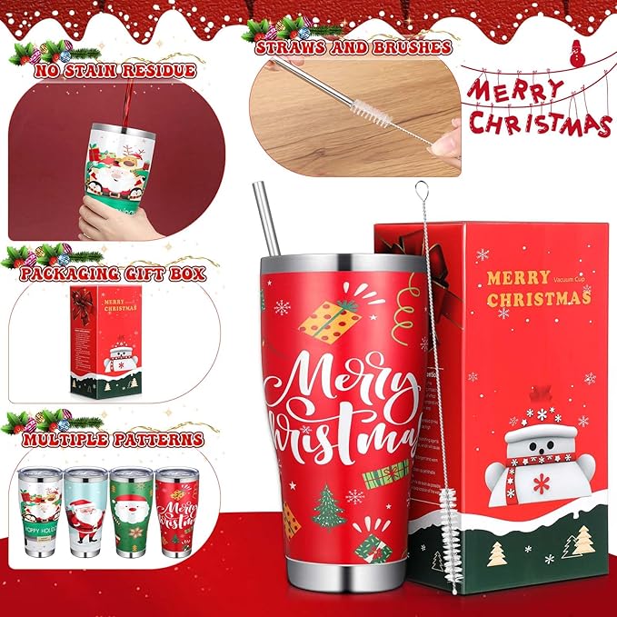 Mifoci 4 Pcs 30 oz Christmas Tumbler with Lid and Straw Stainless Steel Christmas Mug Double Insulated Cup Insulated Coffee Tumbler with Straw Brush for Holiday Coworkers Women Gifts(Style 2)