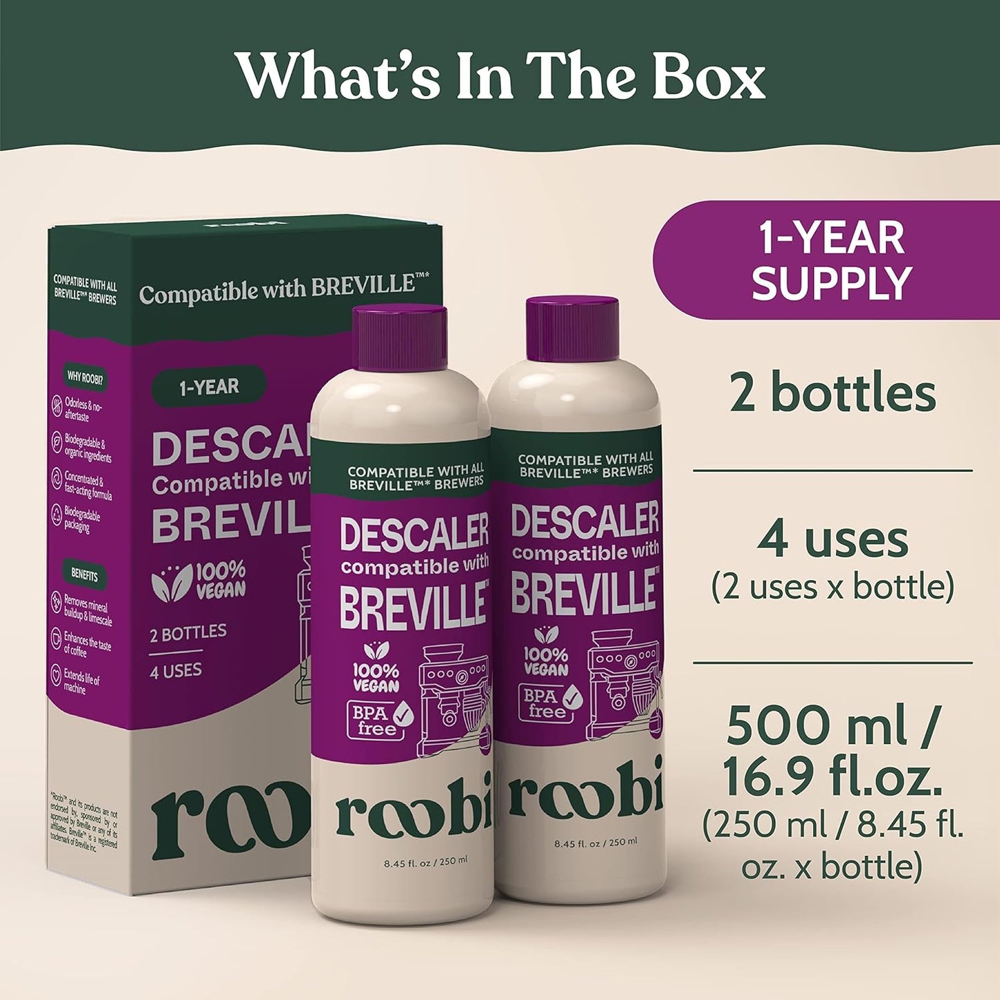 Breville Compatible Descaling Solution. Specially Formulated to Clean & Descale your Breville Espresso Machine. 2 Uses per Bottle, 2 Pack. Eco-Friendly Carbon Neutral Descaler Kit.