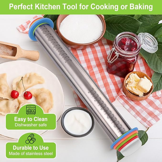 Rolling Pin with Thickness Rings and Red Silicone Baking Mat, Adjustable Stainless Steel Rolling Pins for Pasta or Sugar Decorating Cookies, Bread Making Tools Fondant Roller for Dough, Dumpling