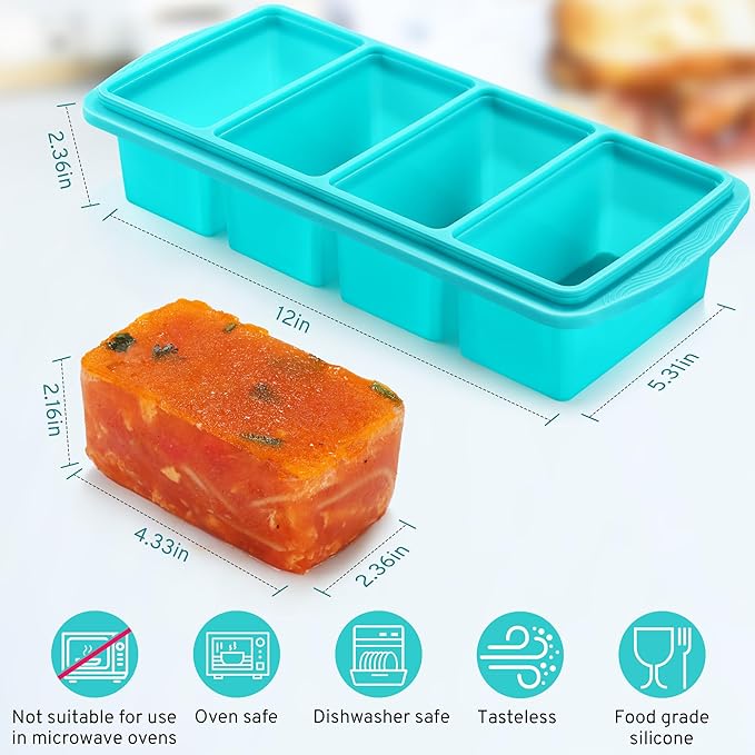Silicone Freezer Tray with Lid - 1 Cup Silicone Food Freezers Tray - Large Ice Cube Freezer Molds - Soup, Sauce, leftovers, Homemade Meal Prep Freezing Kitchen Storage Containers - Aqua - 4-Pack