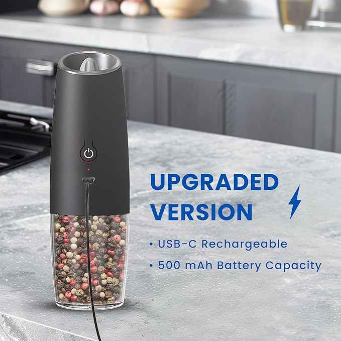 Rechargeable Electric Salt and Pepper Grinder set of 2, gravity electric salt and pepper grinder set, Adjustable Roughness, LED Light, 2 Pack, (Black&White)