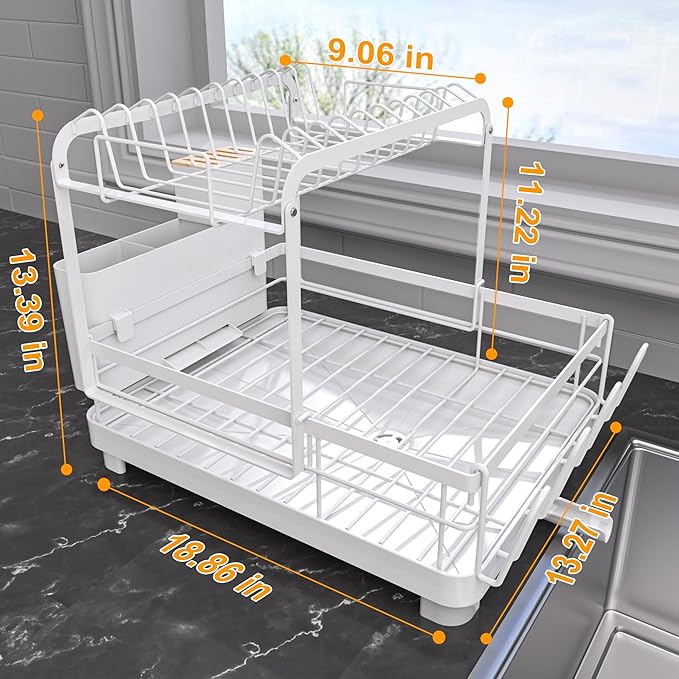 Runnatal Dish Rack with Drainboard, 2-Tier Dish Drying Rack for Kitchen Counter and Sink, Detachable 2-in-1 Utensil Holder, Cup Holder, Large Capacity Dish Drainer, White