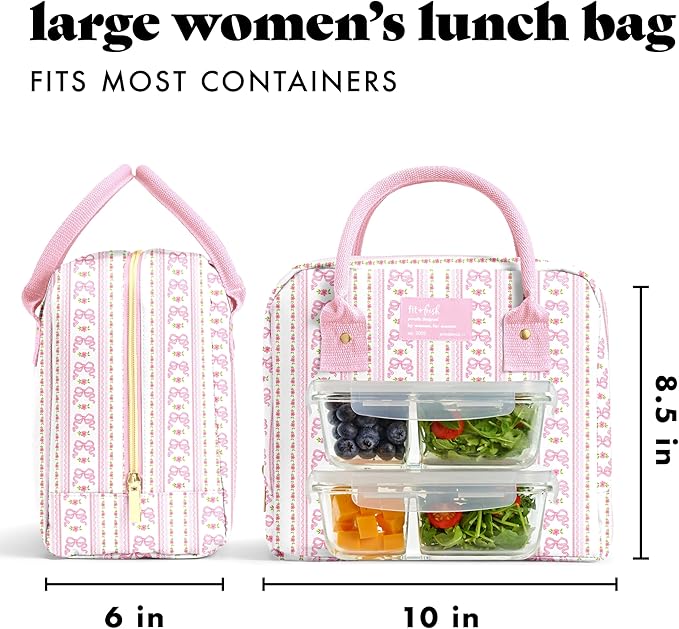 Fit & Fresh Bloomington Lunch Bag for Women - Insulated Large Lunch Box for Work with Containers, Leak-Resistant, Stain-Resistant, Zipper Closure, Pink Wallpaper Bows