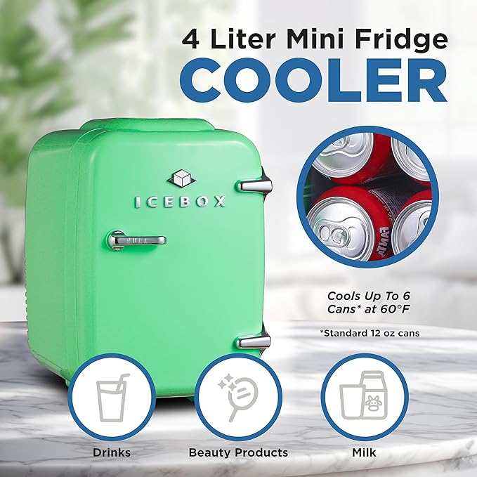 ICEBOX IBMF4MNT Mini Fridge For Bedroom, Skincare Refrigerator, Portable Cooler & Warmer for Makeup, for Office & Home, Mini (4 L / 6-Can), Mint Green