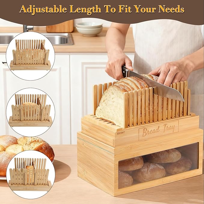 3-in-1 Bread Slicer set for Homemade Bread with Storage Box and Bread Serving Tray for Homemade Bread - Upgrade Bamboo Wooden Bread Slicer Kit - Adjustable Width, Crumb Tray, Cloth Bags