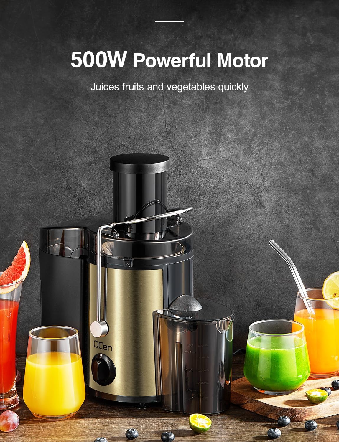 QCen Juicer Machine, 500W Centrifugal Juicer Extractor with Wide Mouth 3” Feed Chute for Fruit Vegetable, Easy to Clean, Stainless Steel, BPA-free (Gold)