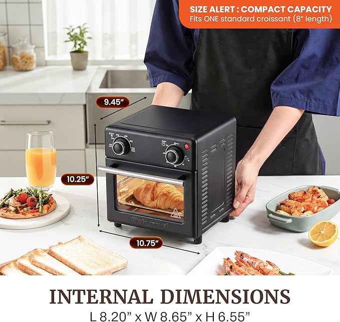 Elite Gourmet Compact 8.5Qt Air Fryer Oven – Mini Countertop Air Fryer with Adjustable Time & Temperature Controls, 800W, Includes Air Fry Basket, Bake Pan & Recipes, Black