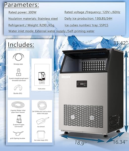 Dessiz Commercial Ice Maker Machine, 130lbs/24H Stainless Steel Under Counter ice Machine with 40lbs Ice Storage Capacity, Freestanding Ice Maker.