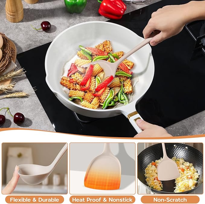 Onader Kitchen Utensils Set, Silicone Non Toxic Cooking Utensils, 6 Pcs Heat Resistant Kitchen Gadgets Set for Nonstick Cookware - Khaki