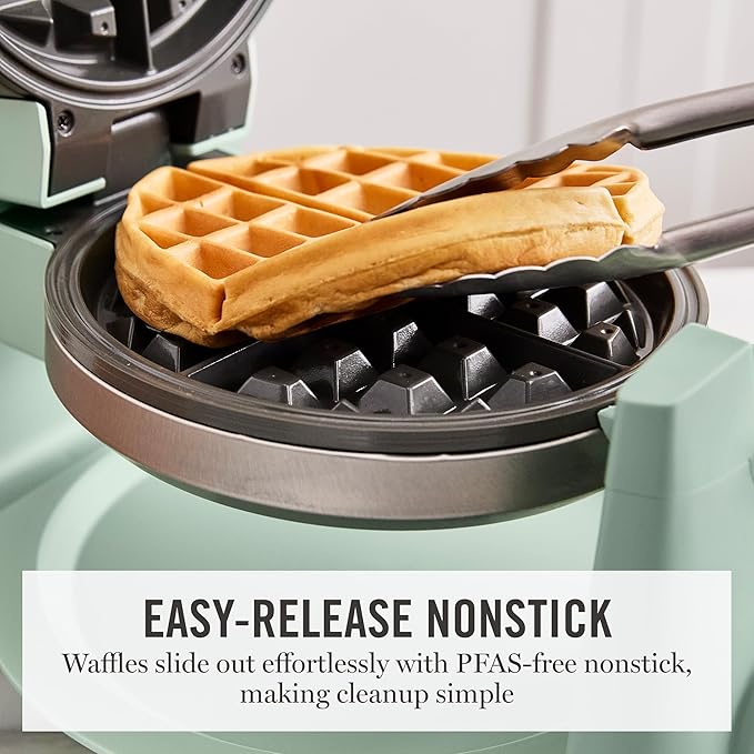 Martha Stewart Rotating Waffle Maker, 180° Flip Iron with PFAS-Free Nonstick Plates, Adjustable Timer, Ready Light, Drip Tray, Space Saving, Classic Round 7”, Easy to Clean, Stainless Steel, Honeydew