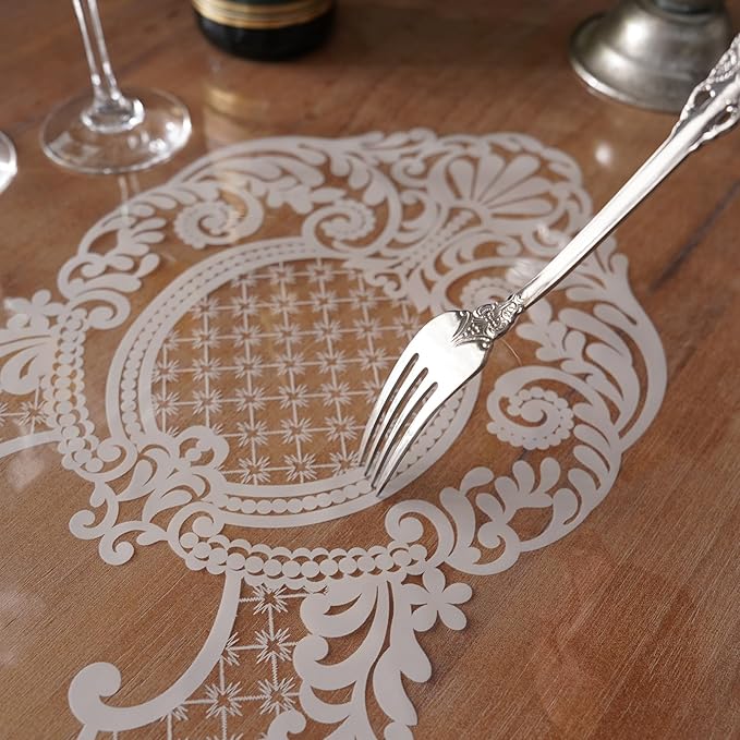 Rectangle Waterproof Clear Table Cover Protector Vinyl Table Cloth Oil Spill Proof Wipe Clean Lace Plastic Tablecloths for Dining Tables (White, 60 x 104 Inches)