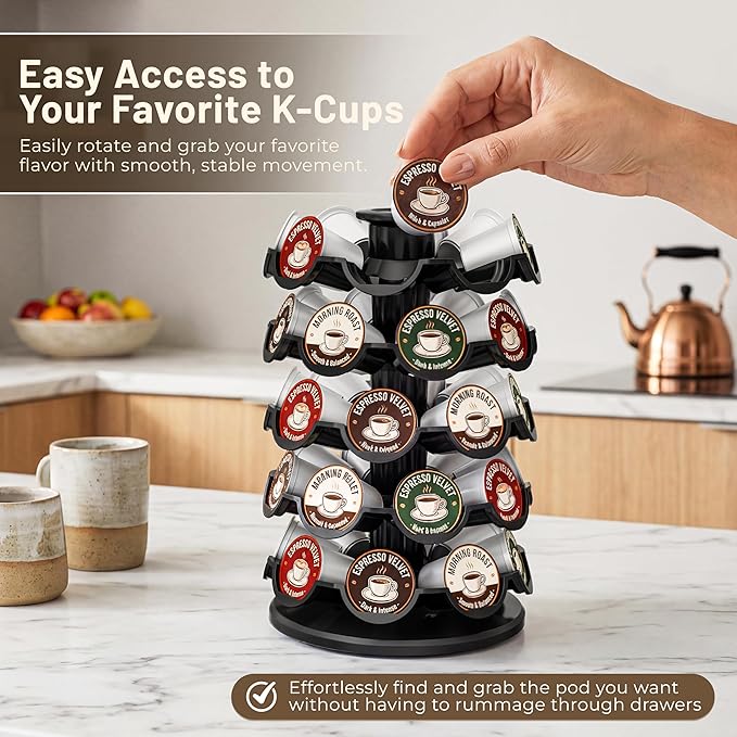 EVERIE Coffee Pod Carousel Organizer for Countertop, Holds 40 Single-Serve Coffee Pods, Smooth 360° Rotating Holder, Space-Saving Coffee Station Storage, Compact 8" x 8" x 12.4"