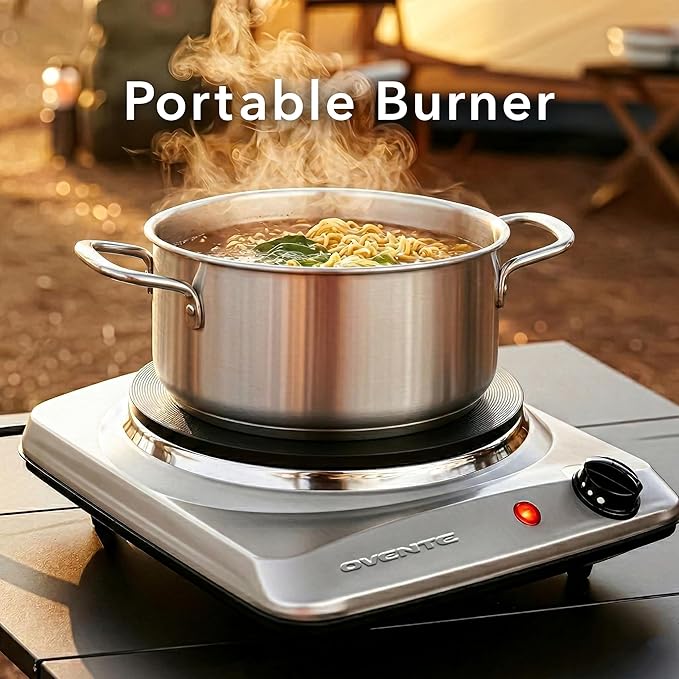 OVENTE Electric Countertop Single Burner, 1000W Cooktop with 7.25 Inch Cast Iron Hot Plate, 5 Level Temperature Control, Compact Cooking Stove and Easy to Clean Stainless Steel Base, Silver BGS101S