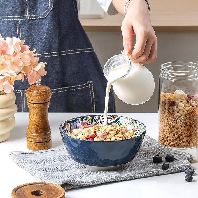 KitchenTour Cereal Bowls Set of 6, 26 oz Ceramic Soup Bowls for Kitchen, 6.4 Inch Colorful Serving Bowls for Oatmeal, Salad, Pasta, Dessert - Microwave & Dishwasher Safe