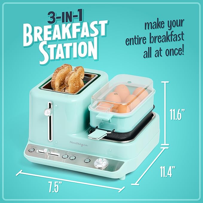 Nostalgia Classic Retro 3-in-1 Breakfast Station - Includes Egg and Veggie Steamer, Non-Stick Griddle, and Wide 2-Slot Toaster - Versatile Breakfast Maker Cooking Station with Toasting Control