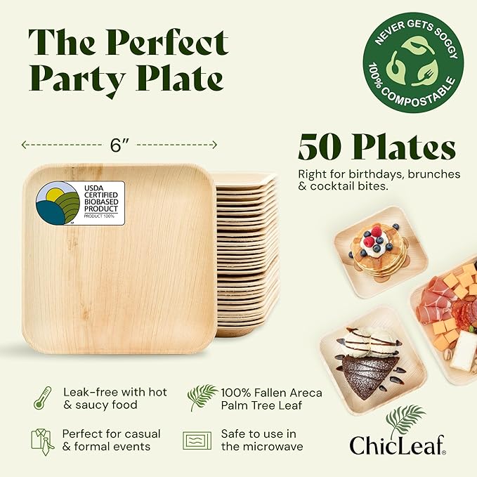 Chic Leaf Palm Leaf Compostable Plates - 6" Square, Pack of 50 - Disposable Dinnerware - Rustic Bamboo Appetizer Plates - Charcuterie Boards & Biodegradable Serviceware