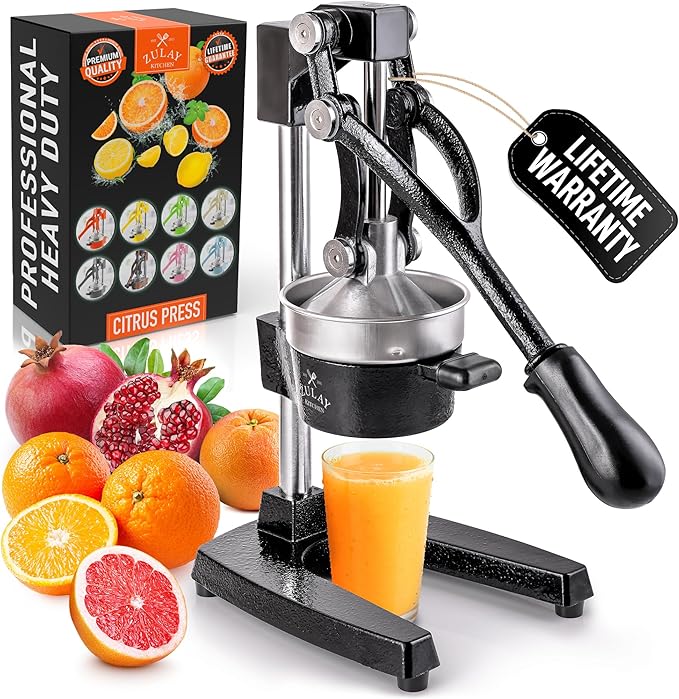 Zulay Kitchen Cast Iron Juicer - Heavy Duty Manual Juicer with Detachable Strainers for Easy Cleaning, Orange Juice Press for Citrus Fruits, Perfect for Bartenders, Juice Lovers & Health Enthusiasts