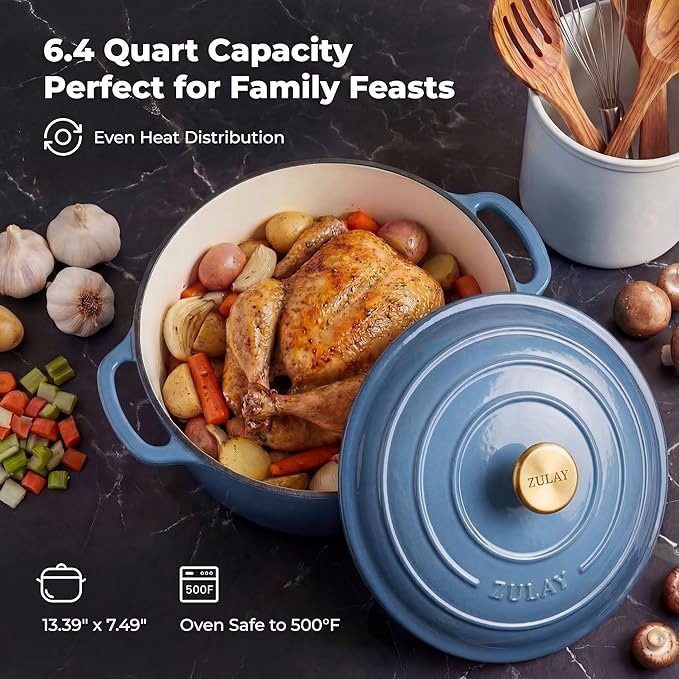 Zulay Kitchen 6 Quart Enameled Cast Iron Dutch Oven Pot with Lid – Premium Durability & Oven Safe up to 500°F – Heavy Duty Cookware Perfect for Bread Baking, Stews, Braising & Roasting - Aquamarine