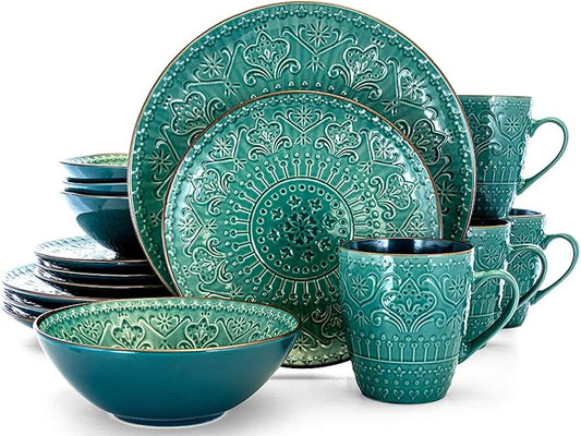 Elama Sea Foam Mozaic 16 Piece Round Stoneware Dinnerware Set in Sea Green