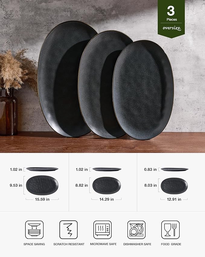 famiware Serving Platter, Oval 15.59/14.3/12.9inch Serving Dishes for Entertaining, Serving Bowls, Dishwasher Safe, Stoneware Serving Trays for Party, Food, Turkey, Reactive Glaze, Matte Dark Charcoal
