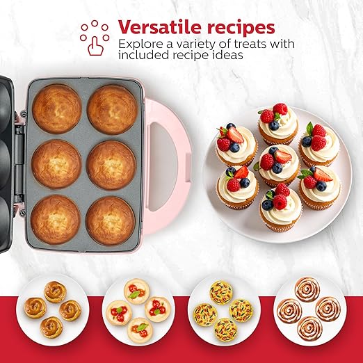 Holstein Housewares Non-Stick 6-Count Electric Cupcake Maker Machine – Bakes 6 Cupcakes, Muffins, Pizza Cups, Cinnamon Buns – Perfect for Gifts, Birthdays, Holidays, or Bake Sales, Pink