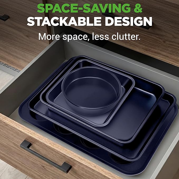 NutriChef 6-Piece Nonstick Baking Pans - Carbon Steel Non toxic Bakeware set with Cookie Sheets, Muffin, Loaf, Round & Square Pan - Restaurant Quality Baking Tray, Easy Clean, Dishwasher & Oven Safe