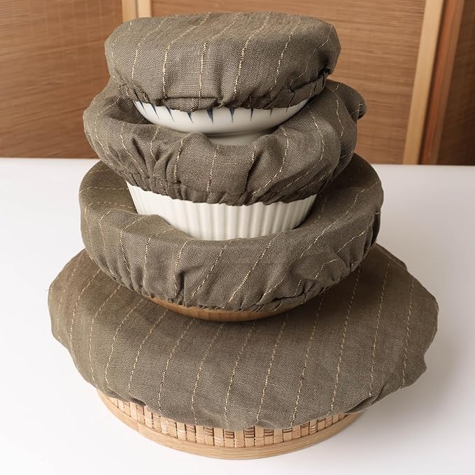 100% Linen Stripe Bowl Covers Reusable For Bread Proofing, 4 Pcs Elastic Cloth Fabric Bowl Covers, 5.9*7.9*9.8*11.8 Inches, Green