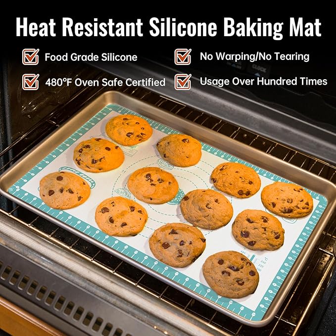 Silicone Baking Mat with 10 Useful Recipes, Non Stick Pastry Mat for Dough Rolling, Macaron Baking Sheet for Cookie, Pizza, Bread, Fondant Mat, Silicone Sheet for Dough Rolling out