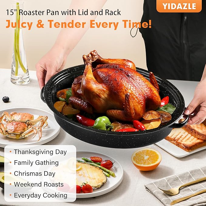 18” Roaster Pan with Lid and Rack, Large Enamel Roaster Pan with Oval Roasting Rack, Granite Baking Pot for Chicken Turkey Lamb, Heat Resistant, Oven/Dishwasher/All Stovestops Compatible