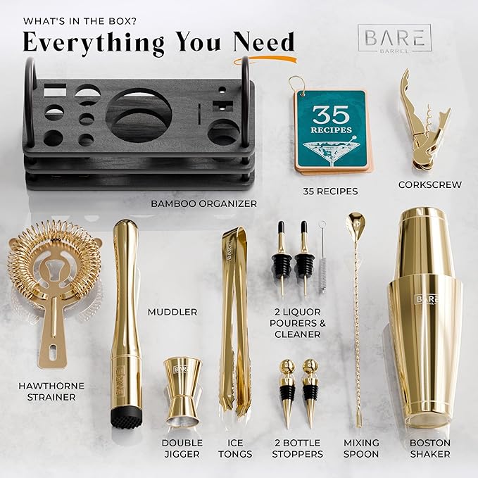 BARE BARREL® Mixology Bartender Kit Bar Set | 14-Piece Cocktail Shaker Set | Martini Barware Mixing Tools for Home Bartending | 35 Recipe Cards | Gift Set (28oz Boston Shaker, Gold/Black)