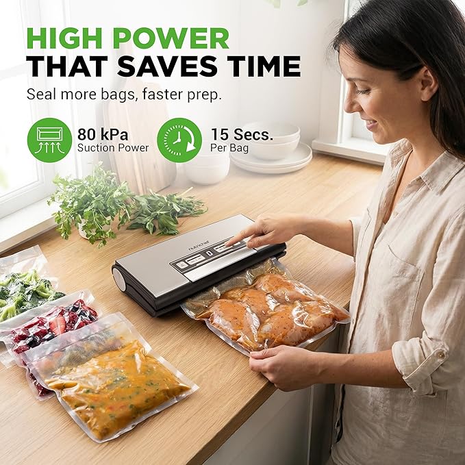 NutriChef Vacuum Sealer Machine, 80kPa Food Vacuum Sealer with Cutter, Bag Storage, Suction Hose, 1 Bag Roll & 5 Vacuum Bags to Ensure Freshness, Suitable for Freezer Meal Prep & Portioning 14"x7"x3"