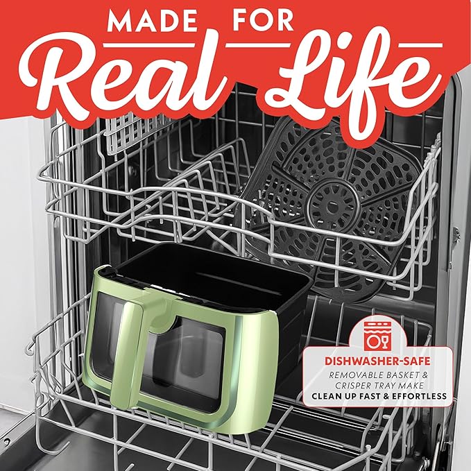 Gourmia 8 Qt Air Fryer, 8 Presets with Digital Display, FryForce 360° Technology, Easy View Window & Interior Light, Dishwasher Safe Basket, Green