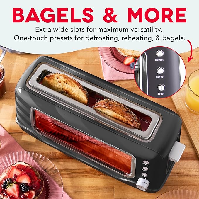 Dash Clear View Toaster - Features Large Window & Extra-Wide Slots - Auto-Shut Off Feature - Bagel Functions, & Seven-Browning Levels - 1-Touch Defrost - Black