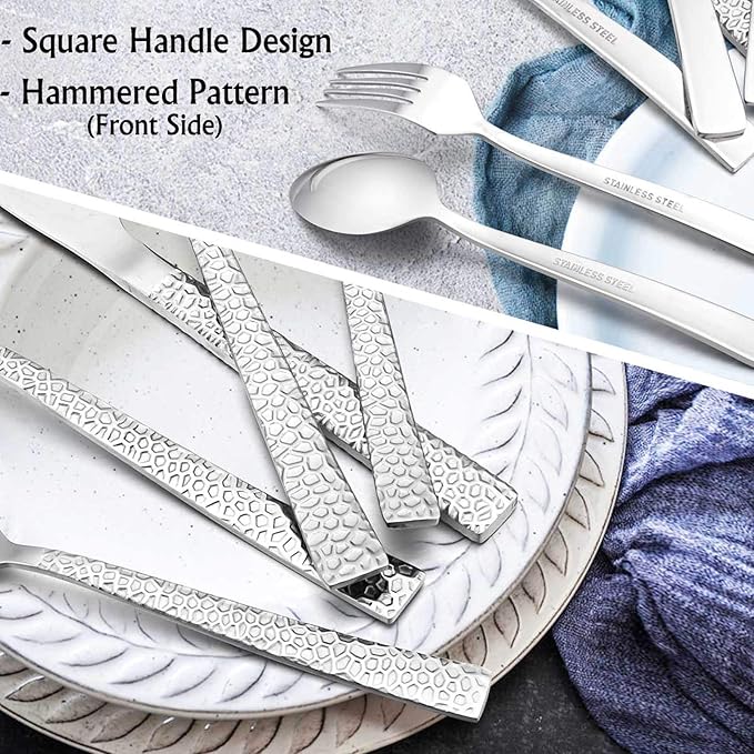 E-far 60-Piece Silverware Set, Hammered Stainless Steel Square Flatware Cutlery Set for 12, Tableware Set Eating Utensils for Home Kitchen Restaurant, Modern Design & Mirror Polished - Dishwasher Safe