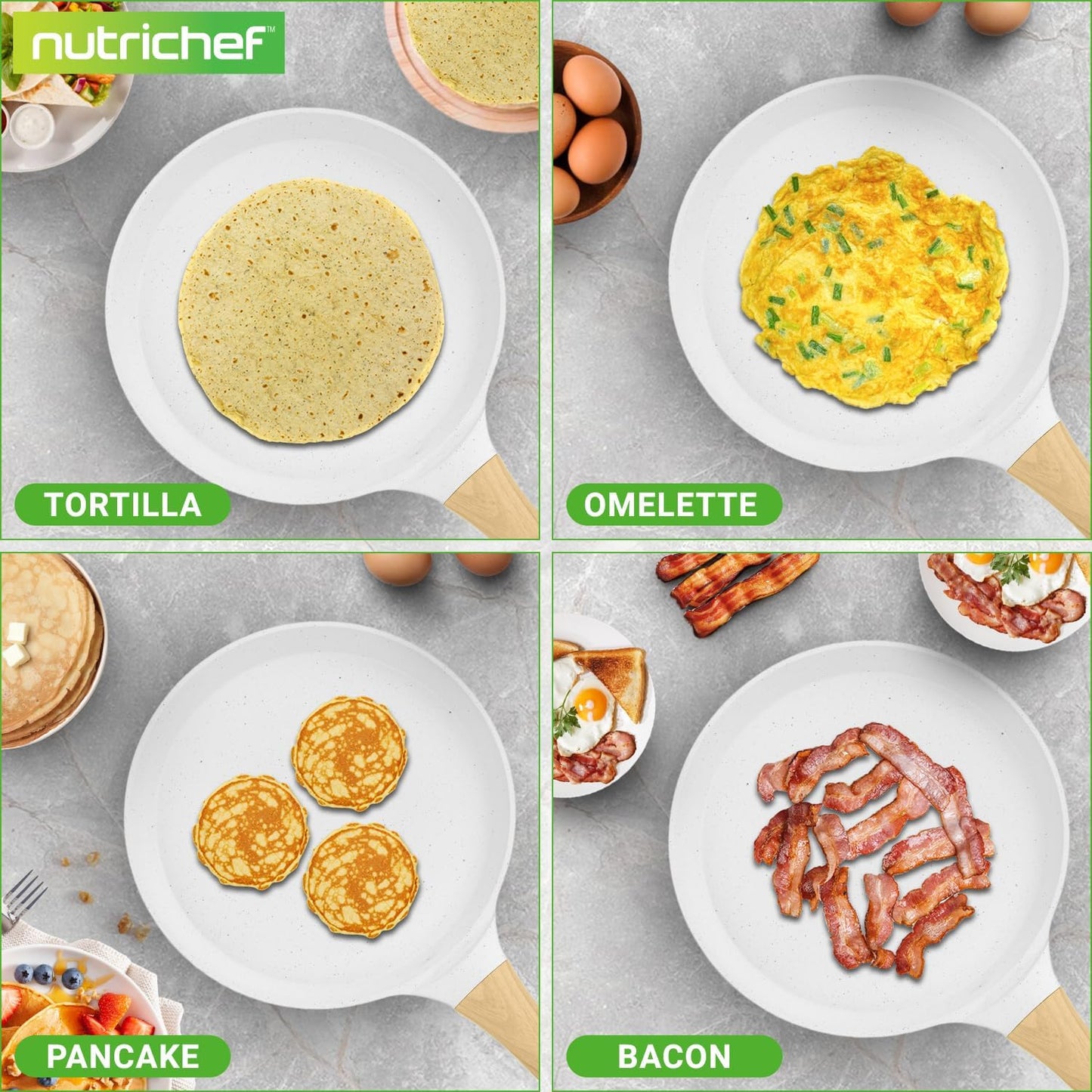 NutriChef 11” Non-Stick Crepe Pan with Wooden Spreader, Durable Marble Coated Dosa Pan, Bakelite And Wood Handle With Induction Bottom, Easy-to-Clean, Stain-Resistant (White Cream Marble)